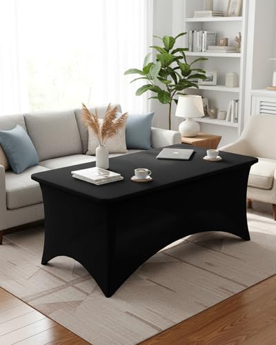 Fixwal 6ft Black Spandex Fitted Table Cover - Pack of 6, Rectangle, Stretchy & Wrinkle-Resistant, For Event & Party Use