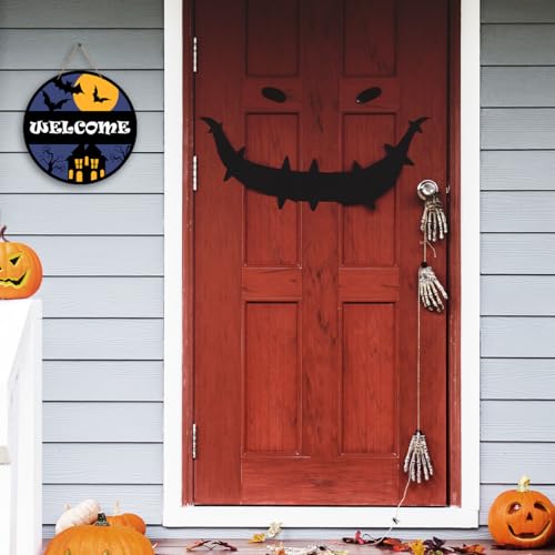 Halloween Welcome Sign - Spooky Night Door Hanger Wooden Decor 8x8 Inches
