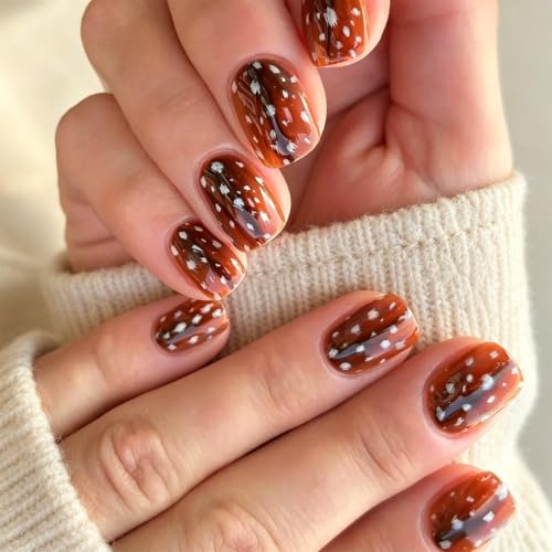 Fall Press on Nails Short Square with Reindeer Print - 24 Pack - Style-24