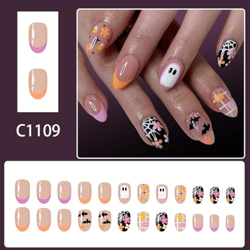 Halloween Short French Press-On Nails with Ghost Bat Pumpkin Flower Tips - Variation 13