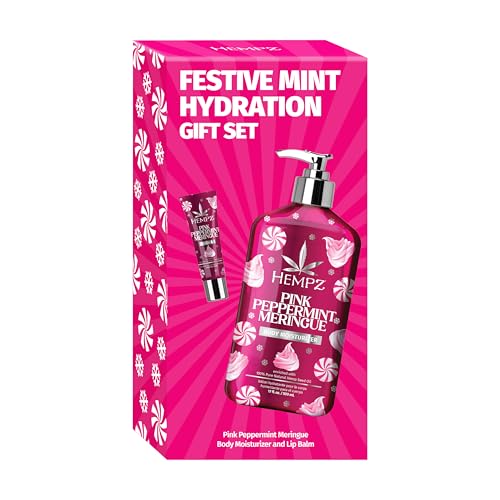 Hempz Festive Mint Hydration Pink Peppermint Meringue Gift Set, Body Loton and Lip Balm Duo, Limited Edition, 17 oz and .44 oz