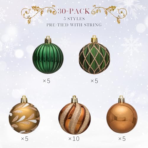 Earth Tone Christmas Tree Ornaments Set - 30 Shatterproof Baubles with String