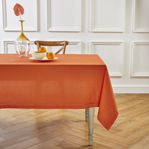 Cotton Linen Tablecloth Burnt Orange Hemstitch 58 x 104 Inches - Handcrafted