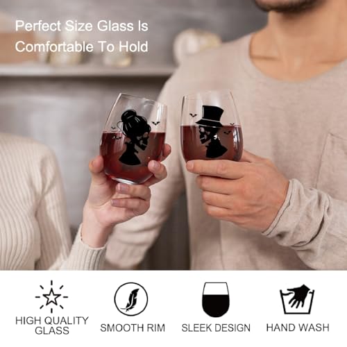 Skull Couple Wine Glasses Set of 2 - Halloween Gothic Gift Box