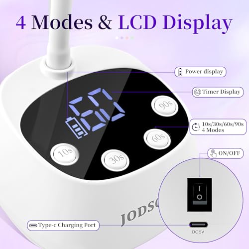 Portable White UV LED Nail Lamp with Gooseneck, Auto Sensor & 4 Timers