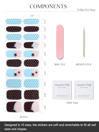 Semi Cured Gel Nail Strips with Polka Dot Stars - 20 Pc Nail Wraps & Stickers