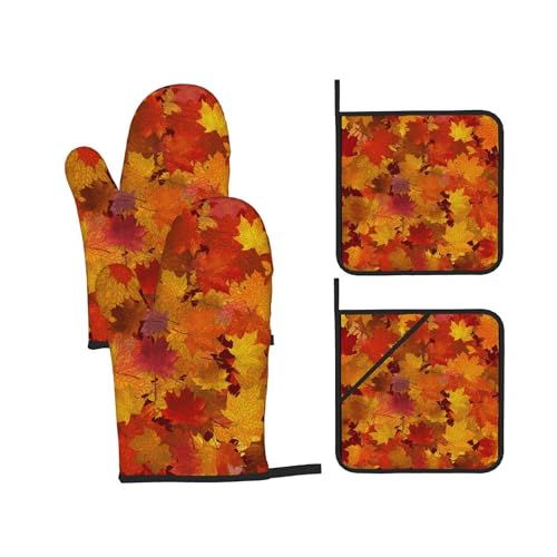 Fall Leaf Oven Mitts and Pot Holders Set - Heat Resistant Kitchen Accessories