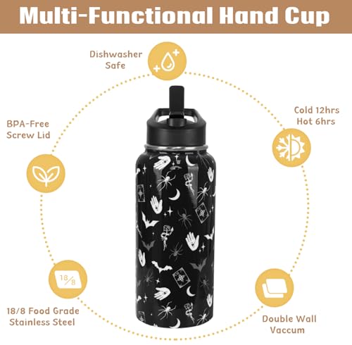 Goth Water Bottle with Straws 32oz Insulated Stainless Steel - Black Gothic Design