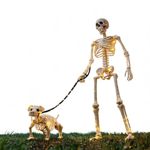 Lighted Human & Dog Skeleton Halloween Decorations Outdoor Indoor - 3FT with 2 Light Strings