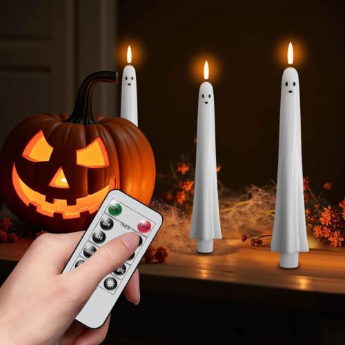 4Pack Flameless Ghost Taper Candles with Remote Control - Flickering Battery Operated Halloween Decor