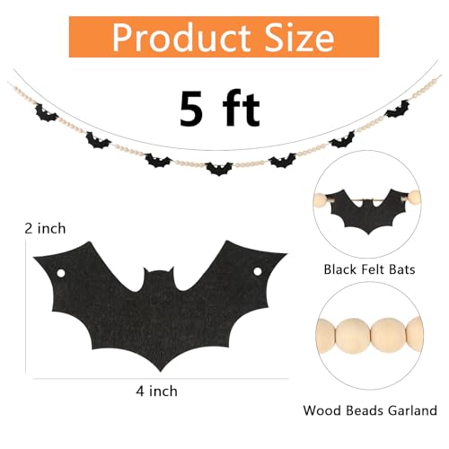 Halloween Felt Bats and Wooden Beads Garland for Indoor Decor