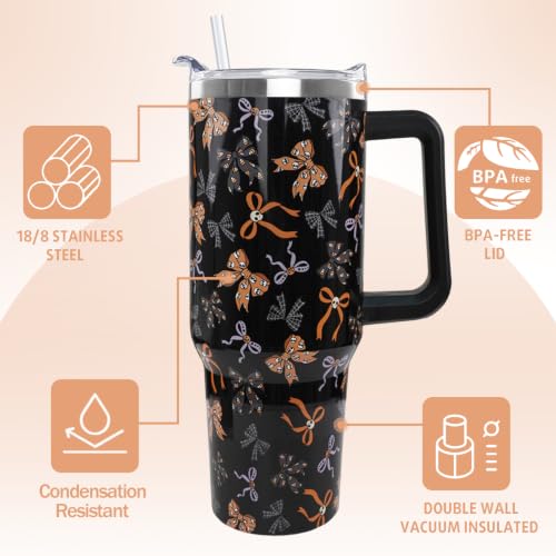 Halloween 40oz Tumbler with Handle Goth Skull Bow Candy Corn Spiderweb Coffee Travel Mug - Black+Pink