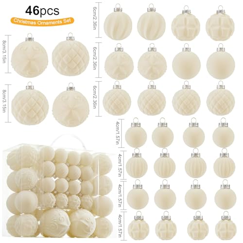 Cream Velvet Christmas Ball Ornaments Set - 46 Pcs Shatterproof Holiday Decorations with Loop, 3 Sizes