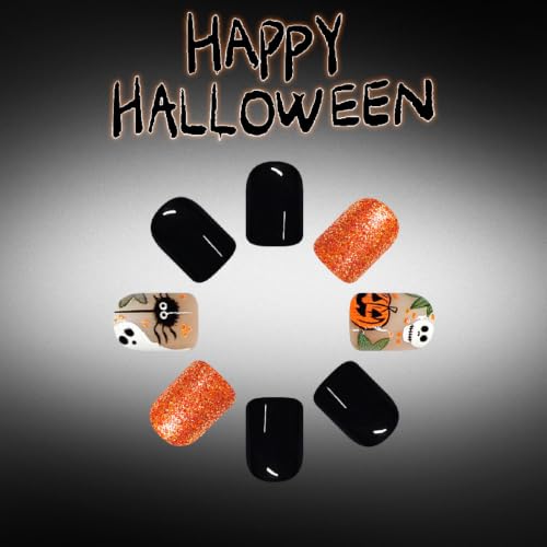 Halloween Press On Nails Short Square Gel Polish Set - Orange Black Skeleton Ghost Spider Glitter 24 pcs - Variation 3