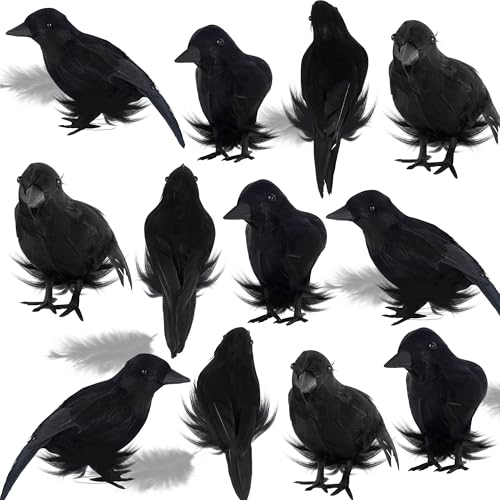 Halloween Black Feathered Crow Decorations Set of 12 - 6.1 Inch Realistic Birds with Bendable Wires