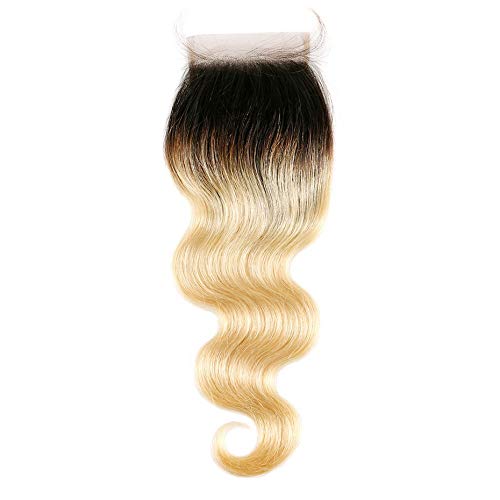 Forawme 1B/613 Ombre Blonde Brazilian Body Wave Closure Human Hair 4X4 14 Inch 100% Remy Hair Bleached Knots Pre Plucked Lace Closure Hair Pieces