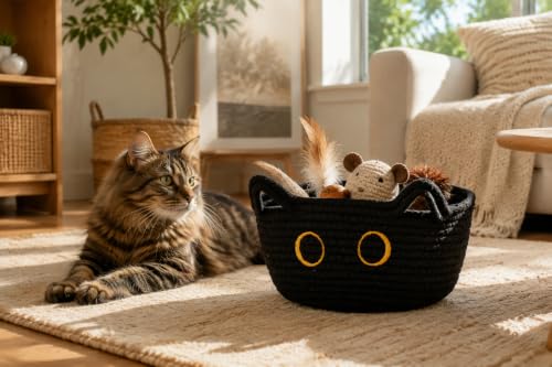Black Cat Cotton Rope Storage Basket - Small, Cute, Foldable Organizer