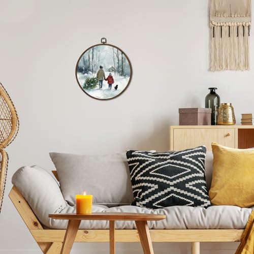 Winter Farmhouse Snow Scene Wall Art Decor - 10x10 Inch Round Canvas Frame - Kid Variation