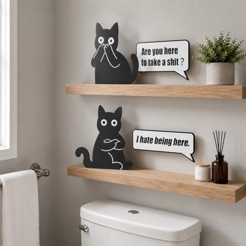 Black Cat Wall Art Set of 4 - Fun Bathroom Decor with Slogans - Variation: Bathroom Black Cat