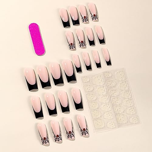 Halloween Press On Nails Long Square Black French Tip with Spider Web Design & Rhinestones - Variation W6, 24Pcs