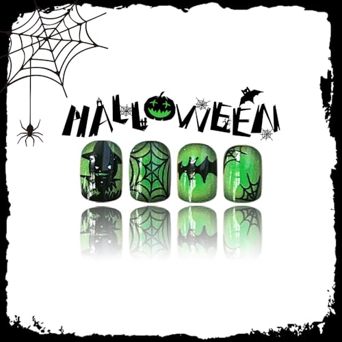 Green Halloween Press-On Nails Set - Short Square Fake Nails with Ghost Face & Pumpkin Designs, 24 Pieces