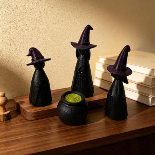 Green Halloween Witch Cauldron Figurine Set - Lighted Resin Miniatures for Indoor Outdoor Decor