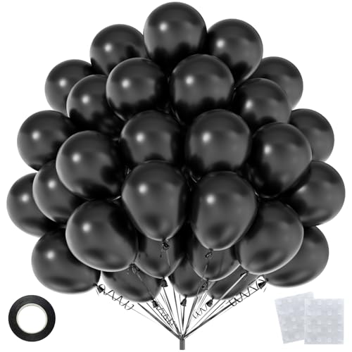 Black Latex Balloon Set - 55 Pack 12 Inch Matte Balloons with Ribbon & Dots - Variation: Black