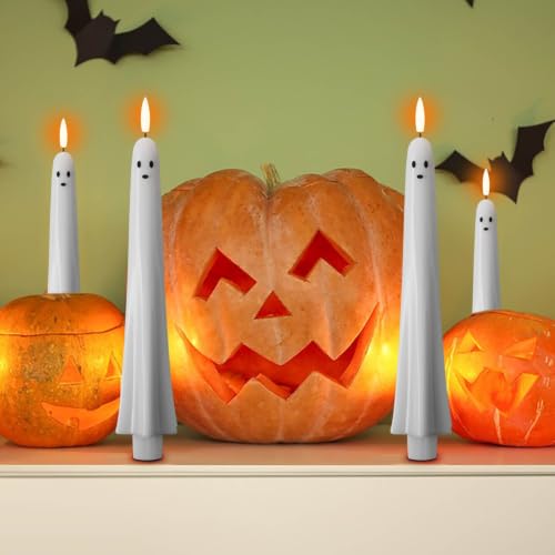4Pack Flameless Ghost Taper Candles with Remote Control - Flickering Battery Operated Halloween Decor