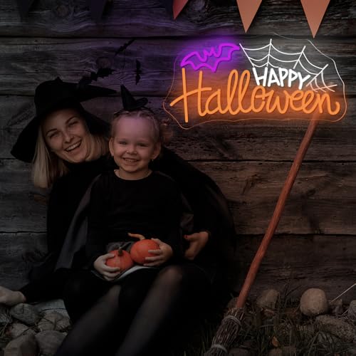 Happy Halloween Neon Sign - USB Powered Dimmable Spider Web Light for Wall Decor - Variation of SD-Happy Halloween
