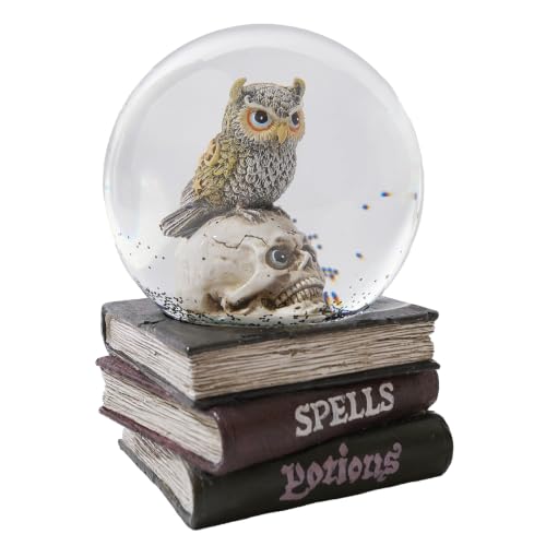 Halloween Snow Globe Owl Skull Decor - Gothic Resin Water Globe on Spell Book Base
