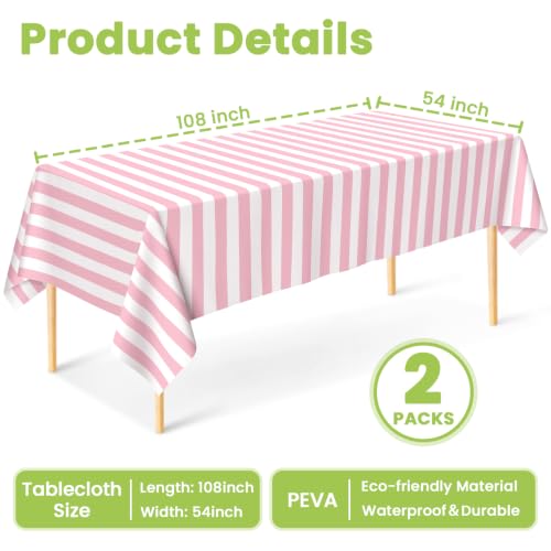Pink and White Striped Tablecloth 54 x 108 Inch - 2 Pack, Rectangular Disposable Table Cover for Parties