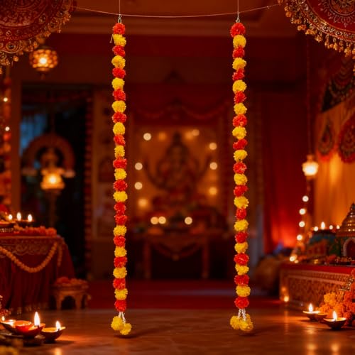 Artificial Marigold Garlands for Diwali & Festival Decorations - 2 Pack 4.9ft Long Flower Strands