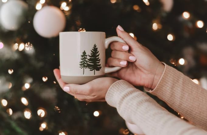 Green Trees Coffee Mug - 14oz Holiday Stoneware Cup, Microwave & Dishwasher Safe, Festive Winter Gift
