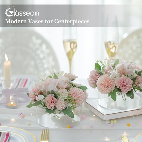 Glasseam Acrylic Flower Vase Set of 6 - Clear Round Centerpieces with 13 Holes, 5.9in