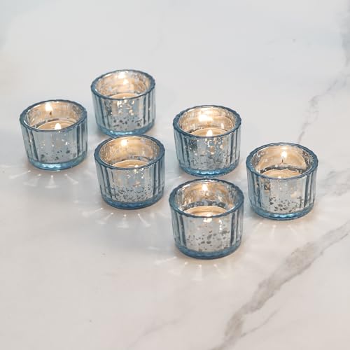 Blue Votive Candle Holders Set of 12 - Retro Embossed Glass Tea Light Decor