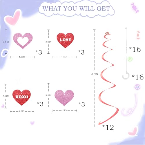 24PCS Valentine's Day Hanging Heart Decorations Streamers for Romantic Party