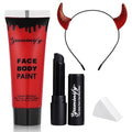 Devil Headband Makeup Kit - Water-Based Red Face Paint, Black Lipstick & Sponge for Halloween Costume