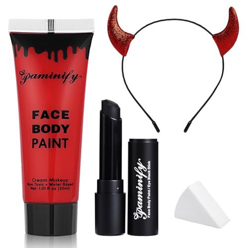 Devil Headband Makeup Kit - Water-Based Red Face Paint, Black Lipstick & Sponge for Halloween Costume