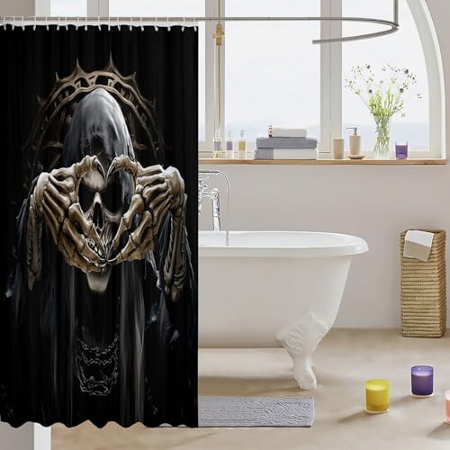 Retro Skeleton Shower Curtain Set Gothic Spooky Bone Bathroom Decor 72x72 with Hooks Black