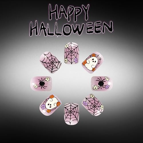 Halloween Fake Nails Short Square Press-On Nails - Light Purple, 24pcs - Variation Halloween-Designs1
