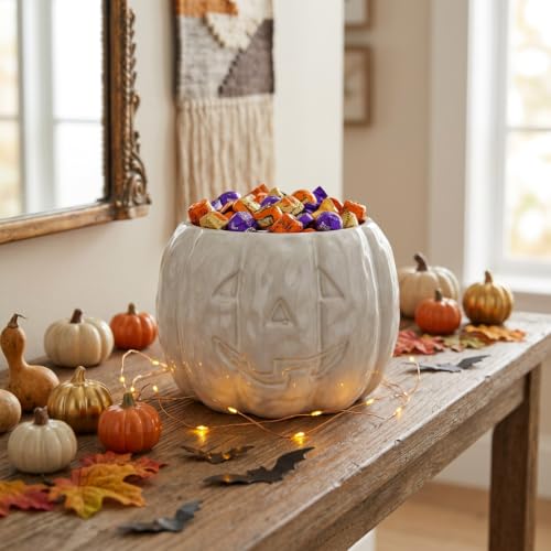 Ceramic Pumpkin Candy Bowl - White Halloween Decorative Dish, 6.5 x 4.7 in