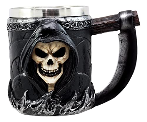 Grim Reaper Coffee Mug with Scythe Handle, 14oz Skeleton Skull Beer Stein