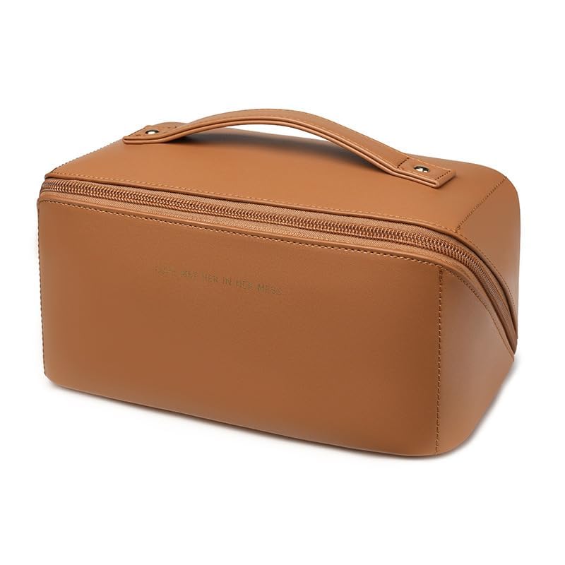 zaleeta Travel Makeup Bag, Large Capacity Cosmetic Organizer Bags for Women, Waterproof PU Leather Toiletry Bags, Wide Open Flat Makeup Case with Divider and Handle