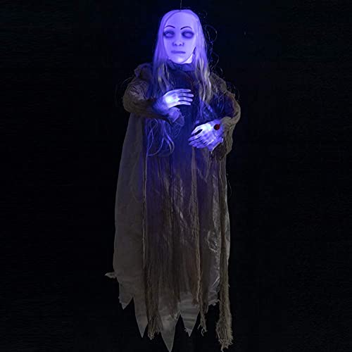 Animated Hanging Ghost Girl Halloween Decor - Glowing Head & Creepy Sounds, 48 Inch with Gray Variation