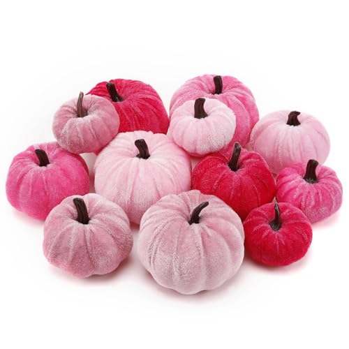 Pink Velvet Pumpkins Fall Halloween Decor - 12 Pcs Multi Pink - 3 Sizes