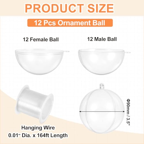 3.5 Inch Clear Plastic Ornament Ball with Wire - Fillable Christmas Decorations, 12 Pack