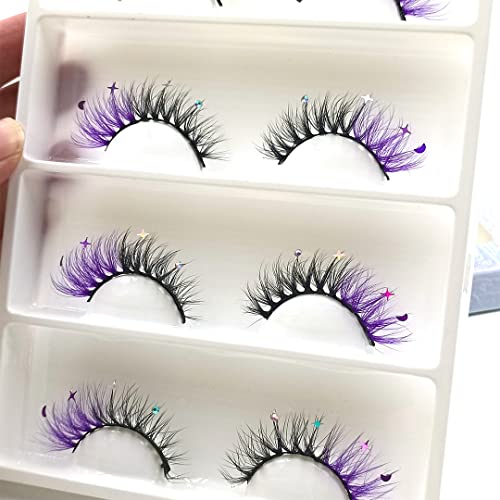 Glitter Rhinestone False Eyelashes - Purple Moon & Star Sequins, Wispy Reusable Fake Lashes for Party & Cosplay - 4 Pairs