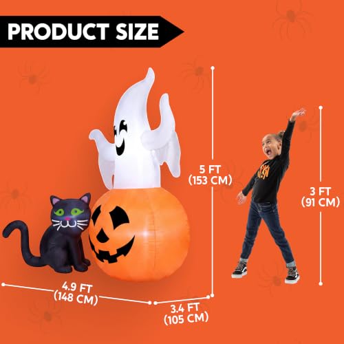 Halloween Inflatable Ghost with Pumpkin and Black Cat - Lighted Yard Decor - 5FT Outdoor Halloween Decoration - White, Orange & Black