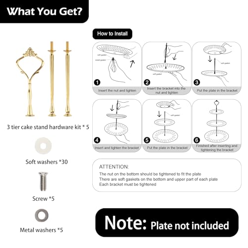 Happy Will Gold 3-Tier Cake Stand Hardware Kit with Crown Handle - Fruit & Dessert Plate Fittings