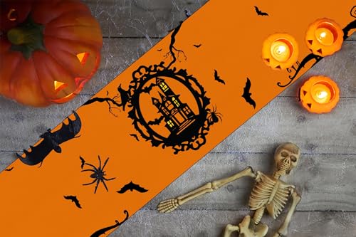 Halloween Table Runner Decor Orange Bat Pattern 13x72 Inch - Indoor Home Party